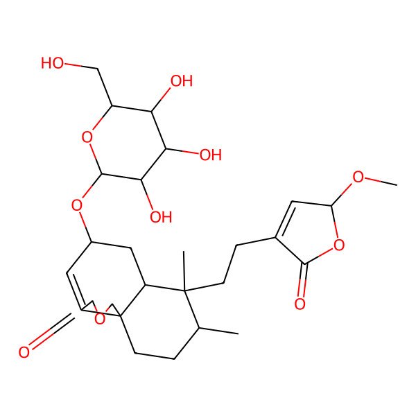 2D Structure of 7-[2-(2-methoxy-5-oxo-2H-furan-4-yl)ethyl]-7,8-dimethyl-5-[3,4,5-trihydroxy-6-(hydroxymethyl)oxan-2-yl]oxy-5,6,6a,8,9,10-hexahydro-1H-benzo[d][2]benzofuran-3-one