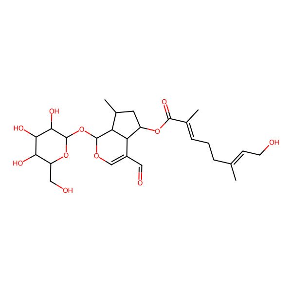2D Structure of [(1S,4aS,5R,7R,7aR)-4-formyl-7-methyl-1-[(2S,3R,4S,5S,6R)-3,4,5-trihydroxy-6-(hydroxymethyl)oxan-2-yl]oxy-1,4a,5,6,7,7a-hexahydrocyclopenta[c]pyran-5-yl] (2E,6Z)-8-hydroxy-2,6-dimethylocta-2,6-dienoate