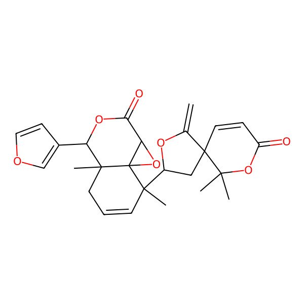 2D Structure of 8-(6,6-dimethyl-1-methylidene-8-oxo-2,7-dioxaspiro[4.5]dec-9-en-3-yl)-4-(furan-3-yl)-4a,8-dimethyl-4,5-dihydro-1aH-oxireno[2,3-d]isochromen-2-one