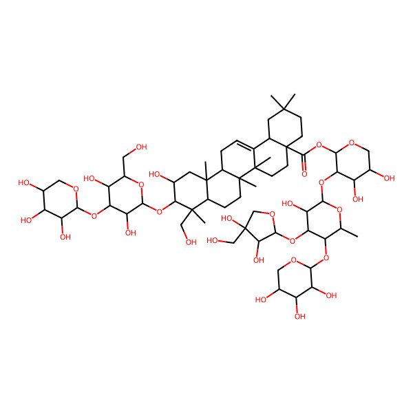 2D Structure of [3-[4-[3,4-Dihydroxy-4-(hydroxymethyl)oxolan-2-yl]oxy-3-hydroxy-6-methyl-5-(3,4,5-trihydroxyoxan-2-yl)oxyoxan-2-yl]oxy-4,5-dihydroxyoxan-2-yl] 10-[3,5-dihydroxy-6-(hydroxymethyl)-4-(3,4,5-trihydroxyoxan-2-yl)oxyoxan-2-yl]oxy-11-hydroxy-9-(hydroxymethyl)-2,2,6a,6b,9,12a-hexamethyl-1,3,4,5,6,6a,7,8,8a,10,11,12,13,14b-tetradecahydropicene-4a-carboxylate