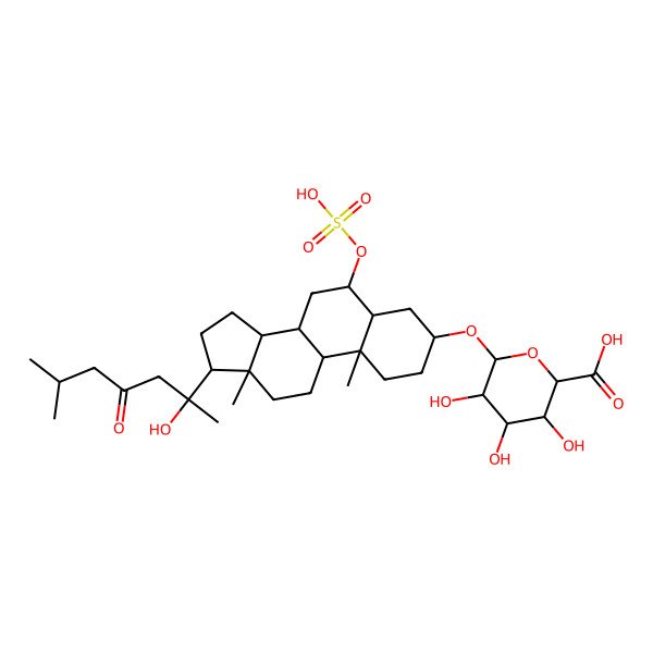 2D Structure of (2S,3S,4S,5R,6R)-3,4,5-trihydroxy-6-[[(3S,5S,6S,8R,9S,10R,13S,14S,17S)-17-[(2S)-2-hydroxy-6-methyl-4-oxoheptan-2-yl]-10,13-dimethyl-6-sulfooxy-2,3,4,5,6,7,8,9,11,12,14,15,16,17-tetradecahydro-1H-cyclopenta[a]phenanthren-3-yl]oxy]oxane-2-carboxylic acid
