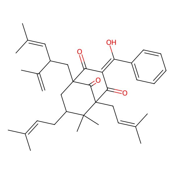 2D Structure of 3-[Hydroxy(phenyl)methylidene]-6,6-dimethyl-5,7-bis(3-methylbut-2-enyl)-1-(4-methyl-2-prop-1-en-2-ylpent-3-enyl)bicyclo[3.3.1]nonane-2,4,9-trione