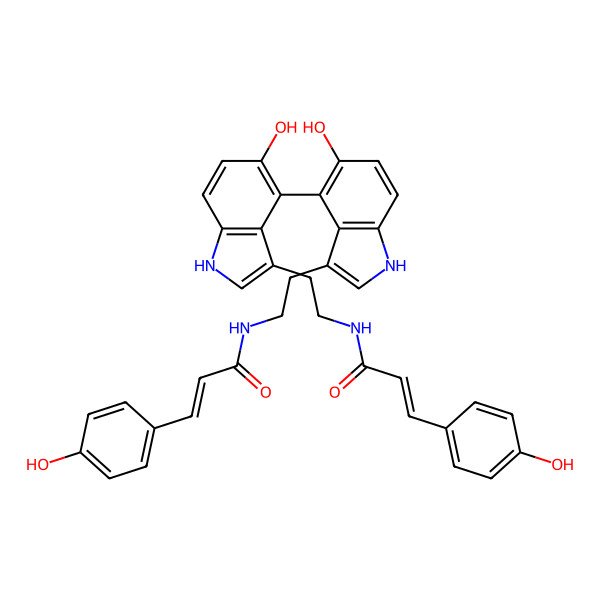 2D Structure of N-[2-[5-hydroxy-4-[5-hydroxy-3-[2-[3-(4-hydroxyphenyl)prop-2-enoylamino]ethyl]-1H-indol-4-yl]-1H-indol-3-yl]ethyl]-3-(4-hydroxyphenyl)prop-2-enamide
