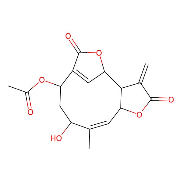 2D Structure of (9-Hydroxy-8-methyl-3-methylidene-4,13-dioxo-5,14-dioxatricyclo[10.2.1.02,6]pentadeca-7,12(15)-dien-11-yl) acetate