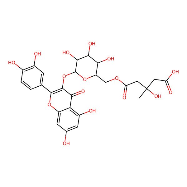 2D Structure of (3R)-5-[[(2R,3S,4S,5R,6S)-6-[2-(3,4-dihydroxyphenyl)-5,7-dihydroxy-4-oxochromen-3-yl]oxy-3,4,5-trihydroxyoxan-2-yl]methoxy]-3-hydroxy-3-methyl-5-oxopentanoic acid