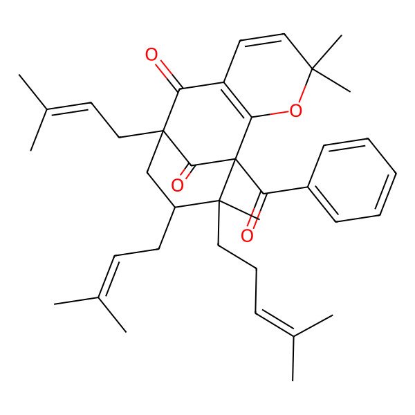 2D Structure of (1S,9R,11S,12R)-1-benzoyl-4,4,12-trimethyl-9,11-bis(3-methylbut-2-enyl)-12-(4-methylpent-3-enyl)-3-oxatricyclo[7.3.1.02,7]trideca-2(7),5-diene-8,13-dione