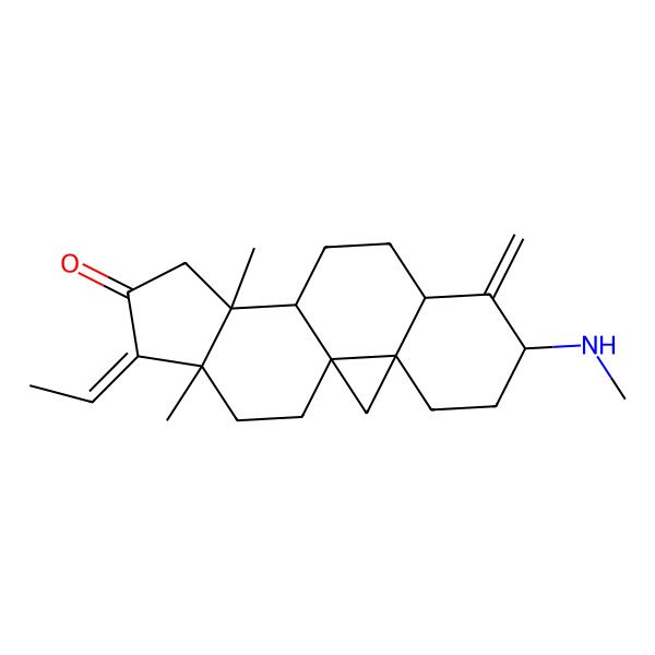 2D Structure of 15-Ethylidene-12,16-dimethyl-6-(methylamino)-7-methylidenepentacyclo[9.7.0.01,3.03,8.012,16]octadecan-14-one