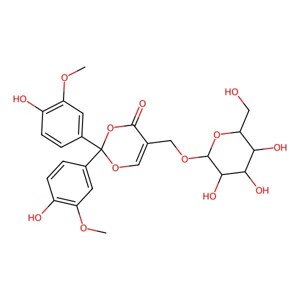 2D Structure of 2,2-bis(4-hydroxy-3-methoxyphenyl)-5-[[(2R,3R,4S,5S,6R)-3,4,5-trihydroxy-6-(hydroxymethyl)oxan-2-yl]oxymethyl]-1,3-dioxin-4-one