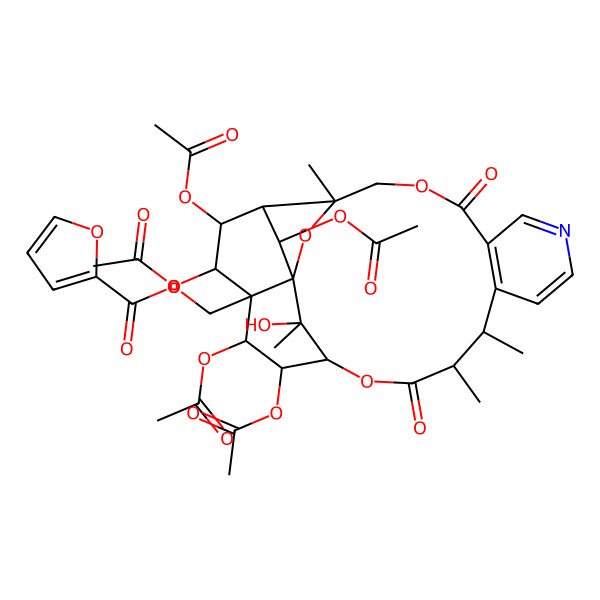 2D Structure of [(1S,3S,13R,14R,17S,18S,19S,20S,21S,22S,23R,24R,25R)-18,19,21,22,24-pentaacetyloxy-25-hydroxy-3,13,14,25-tetramethyl-6,15-dioxo-2,5,16-trioxa-9-azapentacyclo[15.7.1.01,20.03,23.07,12]pentacosa-7(12),8,10-trien-20-yl]methyl furan-2-carboxylate