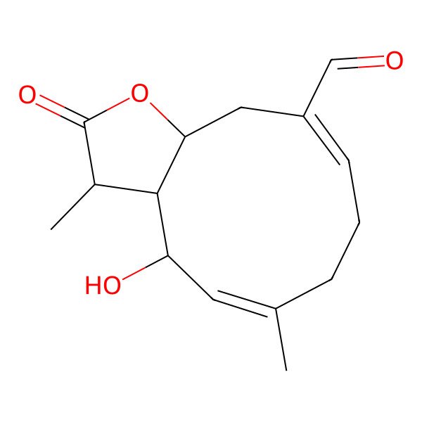2D Structure of (3R,3aS,4R,5E,9E,11aS)-4-hydroxy-3,6-dimethyl-2-oxo-3a,4,7,8,11,11a-hexahydro-3H-cyclodeca[b]furan-10-carbaldehyde