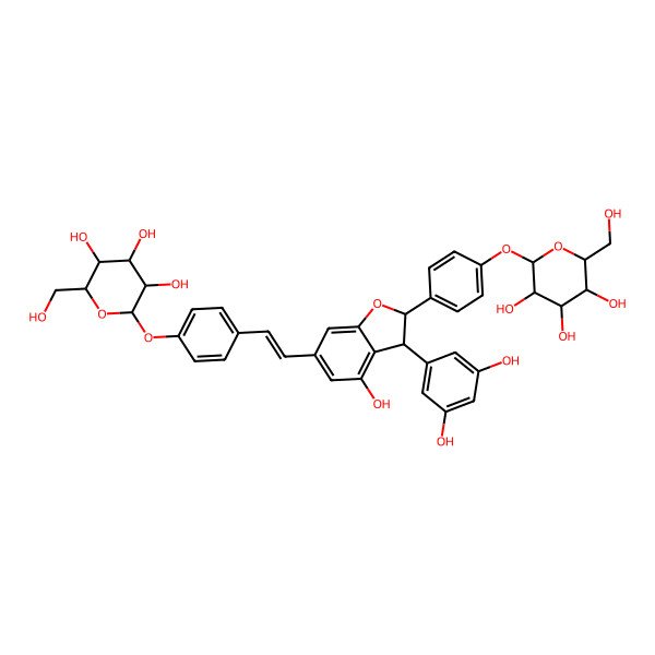 2D Structure of (2S,3R,4S,5S,6R)-2-[4-[(E)-2-[(2R,3R)-3-(3,5-dihydroxyphenyl)-4-hydroxy-2-[4-[(2S,3R,4S,5S,6R)-3,4,5-trihydroxy-6-(hydroxymethyl)oxan-2-yl]oxyphenyl]-2,3-dihydro-1-benzofuran-6-yl]ethenyl]phenoxy]-6-(hydroxymethyl)oxane-3,4,5-triol