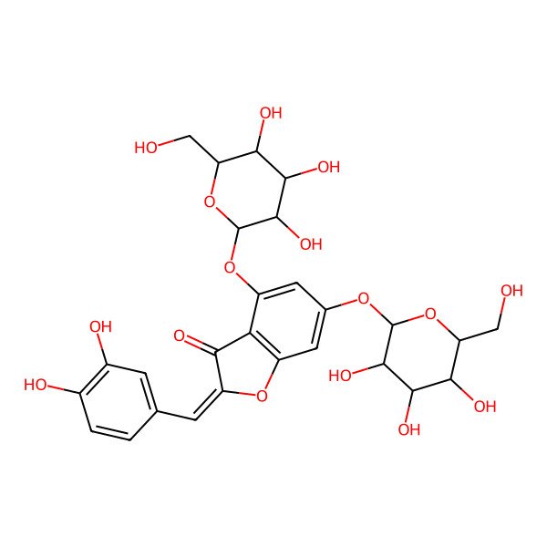 2D Structure of (2Z)-2-[(3,4-dihydroxyphenyl)methylidene]-4,6-bis[[(2S,3R,4S,5S,6R)-3,4,5-trihydroxy-6-(hydroxymethyl)oxan-2-yl]oxy]-1-benzofuran-3-one