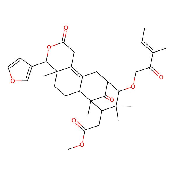 2D Structure of Methyl 2-[6-(furan-3-yl)-1,5,15,15-tetramethyl-14-(3-methyl-2-oxopent-3-enoxy)-8,17-dioxo-7-oxatetracyclo[11.3.1.02,11.05,10]heptadec-10-en-16-yl]acetate