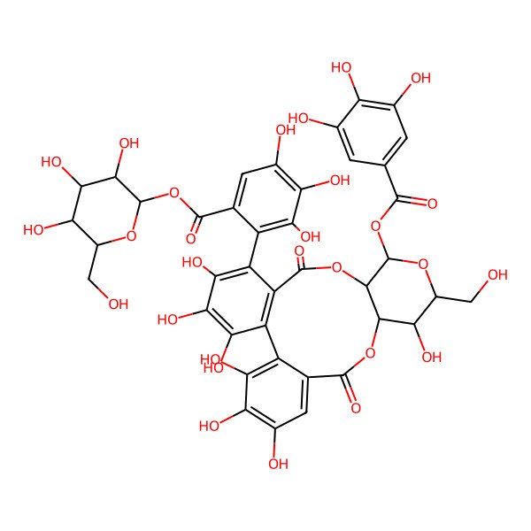 2D Structure of [3,4,5-Trihydroxy-6-(hydroxymethyl)oxan-2-yl] 2-[3,4,5,14,20,21,22-heptahydroxy-13-(hydroxymethyl)-8,17-dioxo-11-(3,4,5-trihydroxybenzoyl)oxy-9,12,16-trioxatetracyclo[16.4.0.02,7.010,15]docosa-1(22),2(7),3,5,18,20-hexaen-6-yl]-3,4,5-trihydroxybenzoate