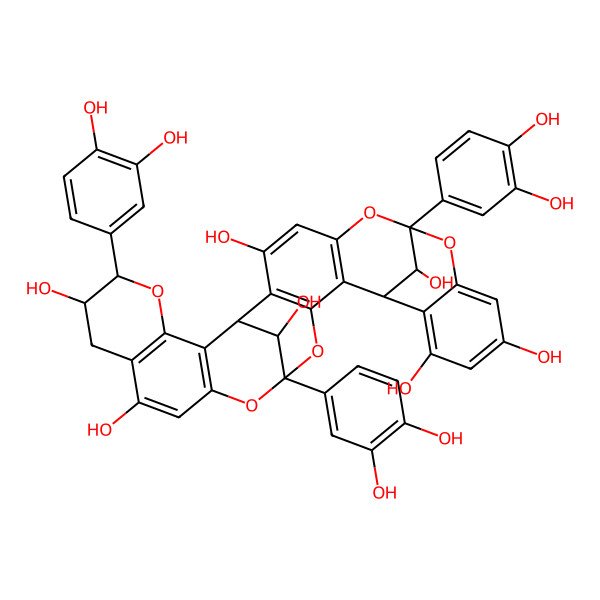 2D Structure of (1R,7S,15R,19R,26R,27R,31R,32R)-7,19,27-tris(3,4-dihydroxyphenyl)-6,8,18,20,28-pentaoxaoctacyclo[17.11.1.17,15.02,17.05,16.09,14.021,30.024,29]dotriaconta-2(17),3,5(16),9,11,13,21(30),22,24(29)-nonaene-3,11,13,23,26,31,32-heptol