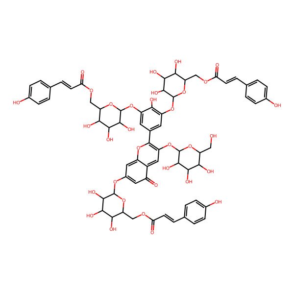 2D Structure of [(2S,3S,4S,5R,6S)-3,4,5-trihydroxy-6-[2-[4-hydroxy-5-[(2S,3S,4R,5S,6R)-3,4,5-trihydroxy-6-[3-(4-hydroxyphenyl)prop-2-enoyloxymethyl]oxan-2-yl]oxy-3-[(2S,3R,4S,5S,6R)-3,4,5-trihydroxy-6-[3-(4-hydroxyphenyl)prop-2-enoyloxymethyl]oxan-2-yl]oxyphenyl]-5-oxo-3-[(2S,3R,4S,5S,6R)-3,4,5-trihydroxy-6-(hydroxymethyl)oxan-2-yl]oxychromen-7-yl]oxyoxan-2-yl]methyl 3-(4-hydroxyphenyl)prop-2-enoate