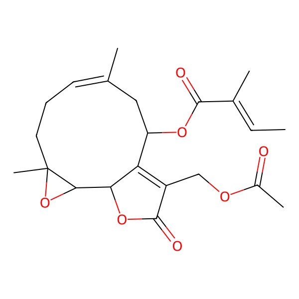 2D Structure of [12-(Acetyloxymethyl)-4,8-dimethyl-13-oxo-3,14-dioxatricyclo[9.3.0.02,4]tetradeca-7,11-dien-10-yl] 2-methylbut-2-enoate