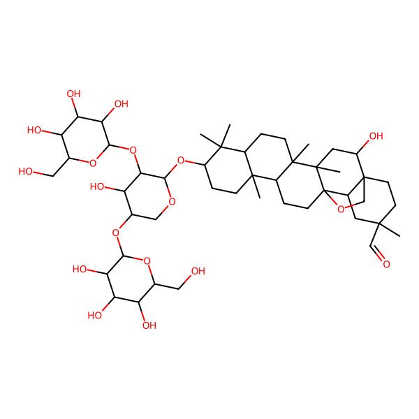 2D Structure of (1S,2R,4S,5R,8S,10S,13R,14S,17S,18S,20R)-2-hydroxy-10-[(2S,3R,4S,5R)-4-hydroxy-5-[(2S,3R,4R,5S,6S)-3,4,5-trihydroxy-6-(hydroxymethyl)oxan-2-yl]oxy-3-[(2R,3R,4R,5R,6S)-3,4,5-trihydroxy-6-(hydroxymethyl)oxan-2-yl]oxyoxan-2-yl]oxy-4,5,9,9,13,20-hexamethyl-24-oxahexacyclo[15.5.2.01,18.04,17.05,14.08,13]tetracosane-20-carbaldehyde