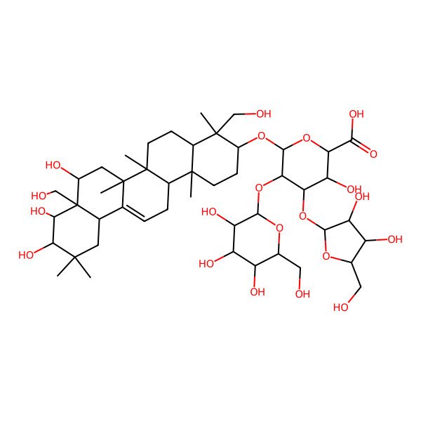 2D Structure of (2S,3S,4S,5R,6R)-6-[[(3S,4S,4aR,6aR,6bS,8R,8aR,9R,10R,12aS,14aR,14bR)-8,9,10-trihydroxy-4,8a-bis(hydroxymethyl)-4,6a,6b,11,11,14b-hexamethyl-1,2,3,4a,5,6,7,8,9,10,12,12a,14,14a-tetradecahydropicen-3-yl]oxy]-4-[(2S,3R,4R,5S)-3,4-dihydroxy-5-(hydroxymethyl)oxolan-2-yl]oxy-3-hydroxy-5-[(2S,3R,4S,5R,6R)-3,4,5-trihydroxy-6-(hydroxymethyl)oxan-2-yl]oxyoxane-2-carboxylic acid