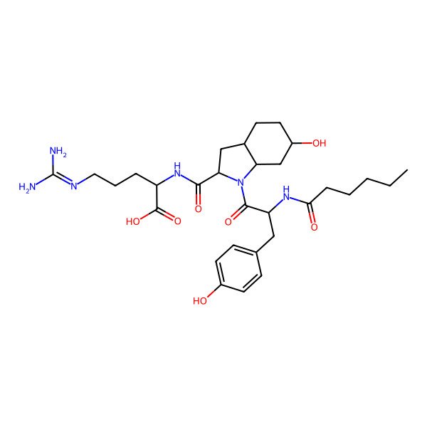 2D Structure of 2-[[(3aS,7aS)-1-[(2S)-2-(hexanoylamino)-3-(4-hydroxyphenyl)propanoyl]-6-hydroxy-2,3,3a,4,5,6,7,7a-octahydroindole-2-carbonyl]amino]-5-(diaminomethylideneamino)pentanoic acid