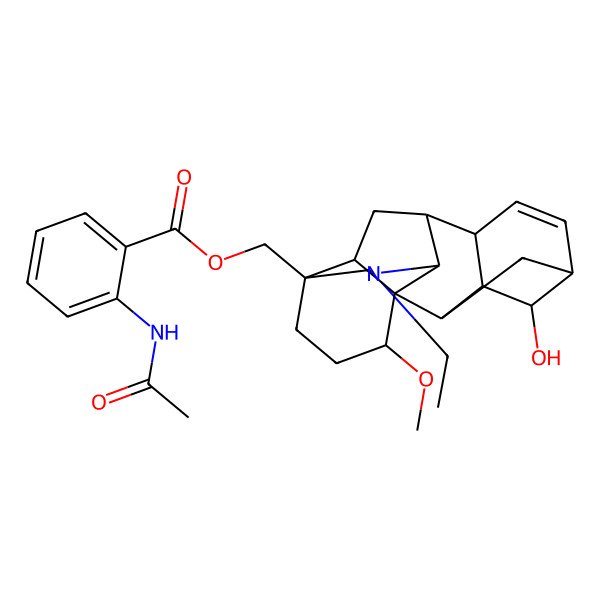 2D Structure of [(1S,2R,3R,4S,5R,8R,9R,10R,13S,16S,17R)-11-ethyl-4-hydroxy-16-methoxy-11-azahexacyclo[7.7.2.12,5.01,10.03,8.013,17]nonadec-6-en-13-yl]methyl 2-acetamidobenzoate