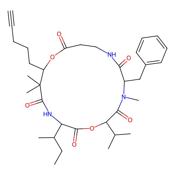 2D Structure of (2R,5R,12R,16S)-5-benzyl-16-[(2S)-butan-2-yl]-4,13,13-trimethyl-12-pent-4-ynyl-2-propan-2-yl-1,11-dioxa-4,7,15-triazacycloheptadecane-3,6,10,14,17-pentone