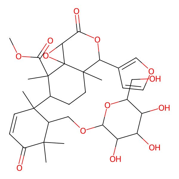 2D Structure of methyl (1aS,4S,4aS,7R,8R,8aR)-4-(furan-3-yl)-4a,8-dimethyl-2-oxo-7-[(1R,6S)-1,5,5-trimethyl-4-oxo-6-[[(2R,3R,4S,5S,6R)-3,4,5-trihydroxy-6-(hydroxymethyl)oxan-2-yl]oxymethyl]cyclohex-2-en-1-yl]-4,5,6,7-tetrahydro-1aH-oxireno[2,3-d]isochromene-8-carboxylate