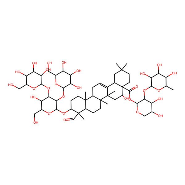 2D Structure of [(2S,3R,4S,5S)-4,5-dihydroxy-3-[(2S,3R,4R,5R,6S)-3,4,5-trihydroxy-6-methyloxan-2-yl]oxyoxan-2-yl] (4aR,5R,6aR,6aS,6bR,8aR,9S,10S,12aR,14bS)-9-formyl-5-hydroxy-10-[(2R,3R,4S,5R,6R)-5-hydroxy-6-(hydroxymethyl)-4-[(2S,3R,4S,5S,6R)-3,4,5-trihydroxy-6-(hydroxymethyl)oxan-2-yl]oxy-3-[(2S,3R,4S,5R,6R)-3,4,5-trihydroxy-6-(hydroxymethyl)oxan-2-yl]oxyoxan-2-yl]oxy-2,2,6a,6b,9,12a-hexamethyl-1,3,4,5,6,6a,7,8,8a,10,11,12,13,14b-tetradecahydropicene-4a-carboxylate