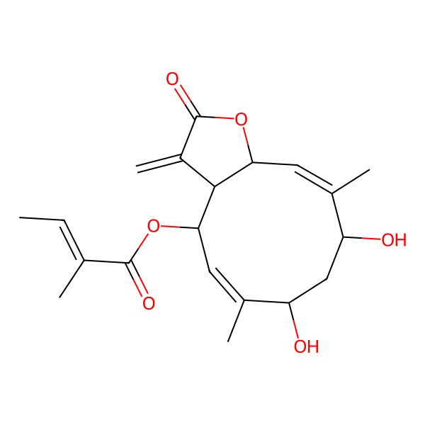 2D Structure of [(3aS,4R,5Z,7R,9S,10Z,11aR)-7,9-dihydroxy-6,10-dimethyl-3-methylidene-2-oxo-3a,4,7,8,9,11a-hexahydrocyclodeca[b]furan-4-yl] (Z)-2-methylbut-2-enoate
