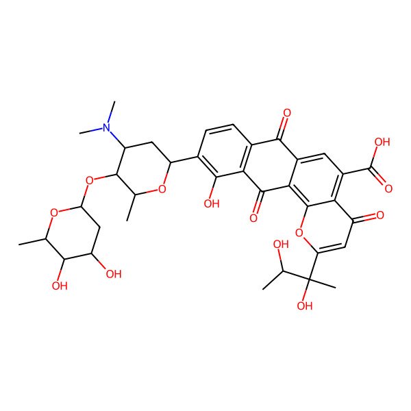 2D Structure of 2-(2,3-Dihydroxybutan-2-yl)-10-[5-(4,5-dihydroxy-6-methyloxan-2-yl)oxy-4-(dimethylamino)-6-methyloxan-2-yl]-11-hydroxy-4,7,12-trioxonaphtho[2,3-h]chromene-5-carboxylic acid