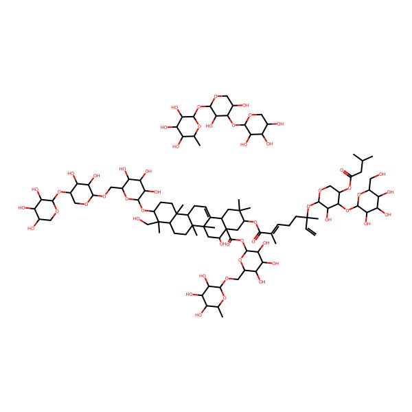2D Structure of (2S,3R,4S,5R,6S)-2-[(2S,3R,4S,5R)-3,5-dihydroxy-4-[(2S,3R,4S,5R)-3,4,5-trihydroxyoxan-2-yl]oxyoxan-2-yl]oxy-6-methyloxane-3,4,5-triol;[(2S,3R,4S,5S,6R)-3,4,5-trihydroxy-6-[[(2R,3R,4R,5R,6S)-3,4,5-trihydroxy-6-methyloxan-2-yl]oxymethyl]oxan-2-yl] (3S,5S,6aR,6aS,6bR,8aR,10S,12aR)-10-[(2R,3R,4S,5S,6R)-6-[[(2S,3R,4R,5R)-3,4-dihydroxy-5-[(2R,3R,4S,5R)-3,4,5-trihydroxyoxan-2-yl]oxyoxan-2-yl]oxymethyl]-3,4,5-trihydroxyoxan-2-yl]oxy-5-hydroxy-9-(hydroxymethyl)-3-[(2E,6S)-6-[(2S,3R,4R,5S)-3-hydroxy-5-(3-methylbutanoyloxy)-4-[(2S,3R,4S,5S,6R)-3,4,5-trihydroxy-6-(hydroxymethyl)oxan-2-yl]oxyoxan-2-yl]oxy-2,6-dimethylocta-2,7-dienoyl]oxy-2,2,6a,6b,9,12a-hexamethyl-1,3,4,5,6,6a,7,8,8a,10,11,12,13,14b-tetradecahydropicene-4a-carboxylate