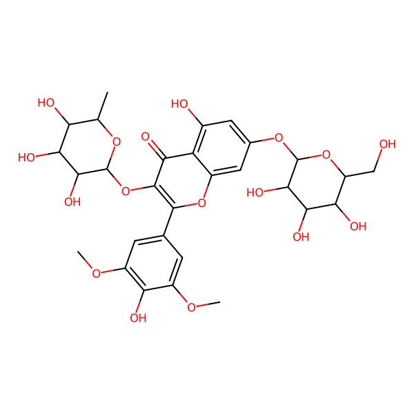 2D Structure of 5-Hydroxy-2-(4-hydroxy-3,5-dimethoxyphenyl)-7-[3,4,5-trihydroxy-6-(hydroxymethyl)oxan-2-yl]oxy-3-(3,4,5-trihydroxy-6-methyloxan-2-yl)oxychromen-4-one