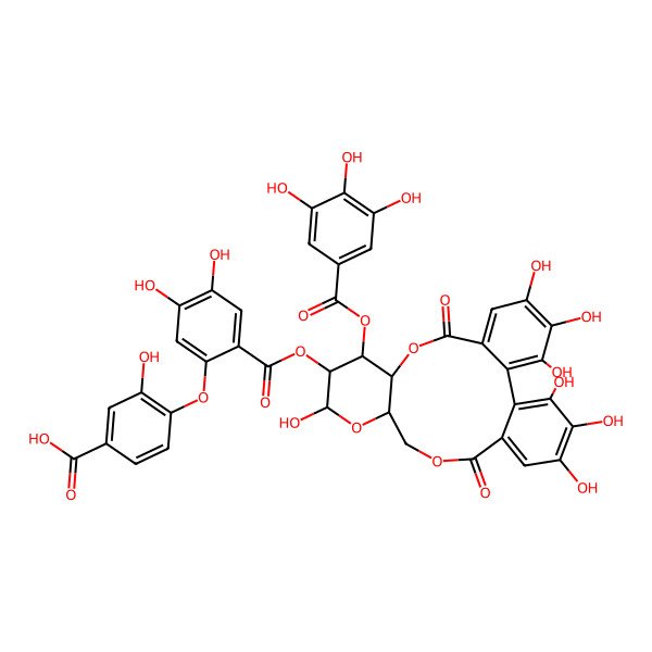 2D Structure of 4-[2-[[(10R,11S,12S)-3,4,5,13,21,22,23-heptahydroxy-8,18-dioxo-11-(3,4,5-trihydroxybenzoyl)oxy-9,14,17-trioxatetracyclo[17.4.0.02,7.010,15]tricosa-1(23),2,4,6,19,21-hexaen-12-yl]oxycarbonyl]-4,5-dihydroxyphenoxy]-3-hydroxybenzoic acid