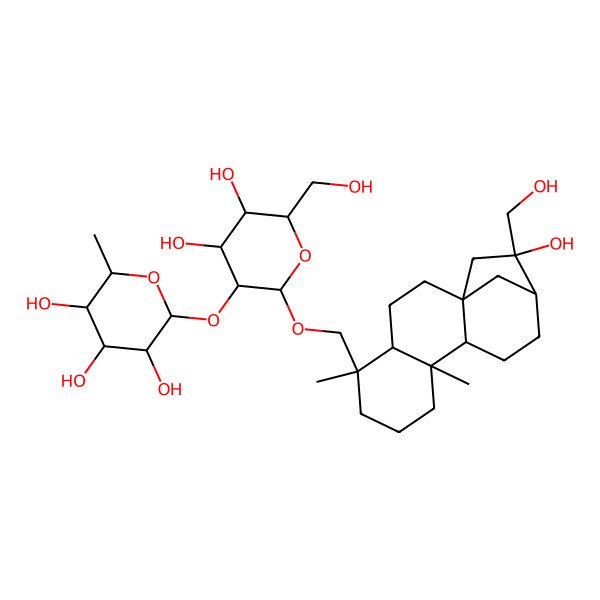 2D Structure of (2S,3R,4R,5R,6S)-2-[(2R,3R,4S,5S,6R)-4,5-dihydroxy-2-[[(1R,4S,5R,9R,10R,13S,14R)-14-hydroxy-14-(hydroxymethyl)-5,9-dimethyl-5-tetracyclo[11.2.1.01,10.04,9]hexadecanyl]methoxy]-6-(hydroxymethyl)oxan-3-yl]oxy-6-methyloxane-3,4,5-triol