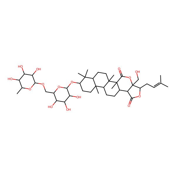 2D Structure of (1R,2R,5R,6R,9S,10R,13R,14R,17S,19S)-5-(hydroxymethyl)-1,2,14,18,18-pentamethyl-6-(3-methylbut-2-enyl)-17-[(2R,3R,4S,5S,6R)-3,4,5-trihydroxy-6-[[(2R,3R,4R,5R,6S)-3,4,5-trihydroxy-6-methyloxan-2-yl]oxymethyl]oxan-2-yl]oxy-4,7-dioxapentacyclo[11.8.0.02,10.05,9.014,19]henicosane-3,8-dione