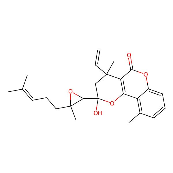 2D Structure of (2R,4R)-4-ethenyl-2-hydroxy-4,10-dimethyl-2-[(2R,3R)-3-methyl-3-(4-methylpent-3-enyl)oxiran-2-yl]-3H-pyrano[3,2-c]chromen-5-one