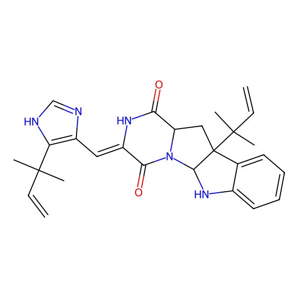 2D Structure of (1S,4Z,7S,9R)-9-(2-methylbut-3-en-2-yl)-4-[[5-(2-methylbut-3-en-2-yl)-1H-imidazol-4-yl]methylidene]-2,5,16-triazatetracyclo[7.7.0.02,7.010,15]hexadeca-10,12,14-triene-3,6-dione