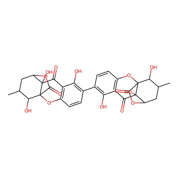 2D Structure of 7,10,14-Trihydroxy-13-methyl-6-(7,10,14-trihydroxy-13-methyl-9,15-dioxo-2,16-dioxatetracyclo[9.3.2.01,10.03,8]hexadeca-3(8),4,6-trien-6-yl)-2,16-dioxatetracyclo[9.3.2.01,10.03,8]hexadeca-3(8),4,6-triene-9,15-dione