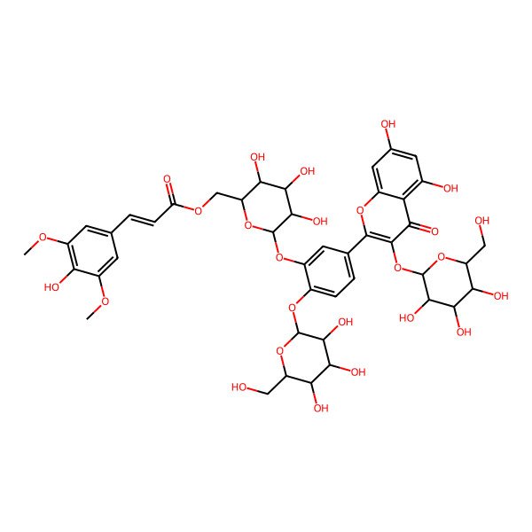 2D Structure of [(2R,3S,4S,5R,6S)-6-[5-[5,7-dihydroxy-4-oxo-3-[(2S,3R,4S,5S,6R)-3,4,5-trihydroxy-6-(hydroxymethyl)oxan-2-yl]oxychromen-2-yl]-2-[(2S,3R,4S,5S,6R)-3,4,5-trihydroxy-6-(hydroxymethyl)oxan-2-yl]oxyphenoxy]-3,4,5-trihydroxyoxan-2-yl]methyl (E)-3-(4-hydroxy-3,5-dimethoxyphenyl)prop-2-enoate