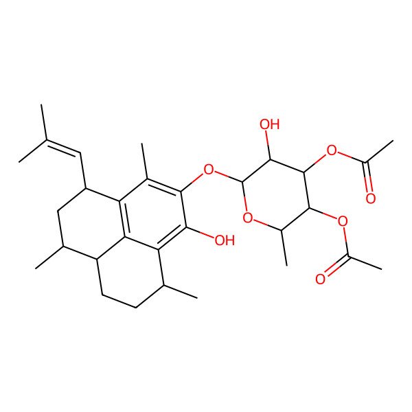 2D Structure of [4-acetyloxy-5-hydroxy-6-[[1-hydroxy-3,6,9-trimethyl-4-(2-methylprop-1-enyl)-5,6,6a,7,8,9-hexahydro-4H-phenalen-2-yl]oxy]-2-methyloxan-3-yl] acetate