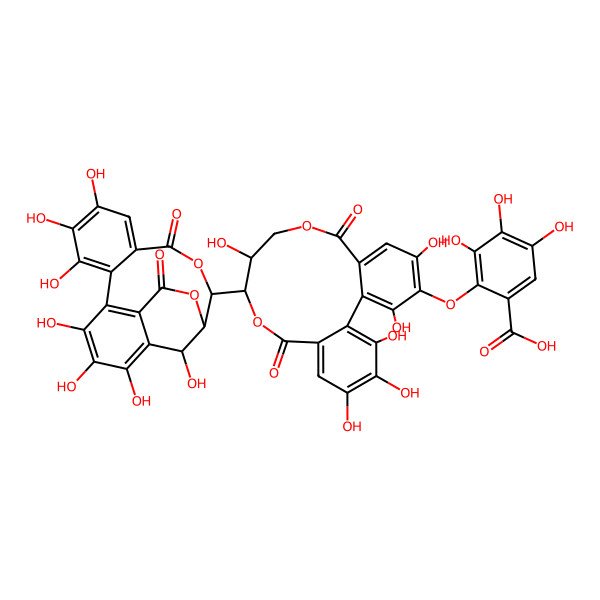 2D Structure of 2-[[(11R,12R)-12-[(14R,15S,19R)-2,3,4,7,8,9,19-heptahydroxy-12,17-dioxo-13,16-dioxatetracyclo[13.3.1.05,18.06,11]nonadeca-1,3,5(18),6,8,10-hexaen-14-yl]-3,5,11,17,18,19-hexahydroxy-8,14-dioxo-9,13-dioxatricyclo[13.4.0.02,7]nonadeca-1(19),2,4,6,15,17-hexaen-4-yl]oxy]-3,4,5-trihydroxybenzoic acid