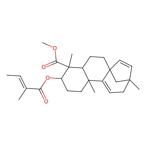 2D Structure of methyl (1R,4S,5S,6R,9R,13S)-5,9,13-trimethyl-6-[(E)-2-methylbut-2-enoyl]oxytetracyclo[11.2.1.01,10.04,9]hexadeca-10,14-diene-5-carboxylate
