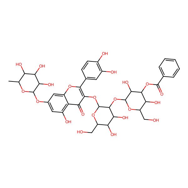 2D Structure of [(2R,3S,4R,5S,6S)-2-[(2R,3S,4R,5R,6S)-2-[2-(3,4-dihydroxyphenyl)-5-hydroxy-4-oxo-7-[(2S,3S,4S,5S,6R)-3,4,5-trihydroxy-6-methyloxan-2-yl]oxychromen-3-yl]oxy-4,5-dihydroxy-6-(hydroxymethyl)oxan-3-yl]oxy-3,5-dihydroxy-6-(hydroxymethyl)oxan-4-yl] benzoate