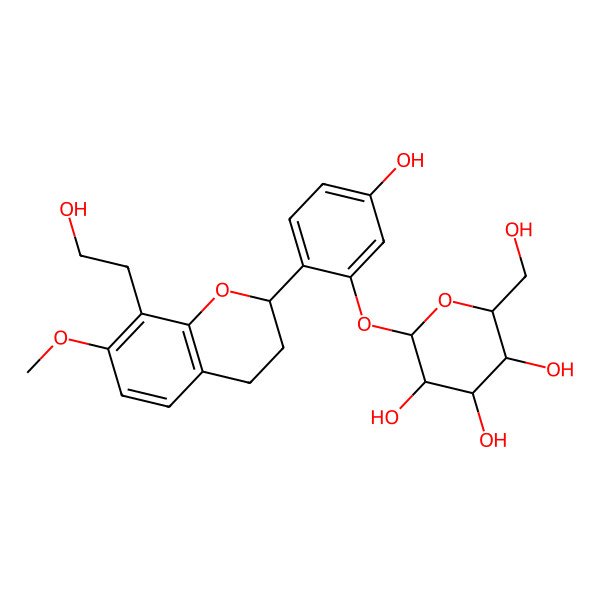 2D Structure of (2S,3R,4S,5S,6R)-2-[5-hydroxy-2-[(2R)-8-(2-hydroxyethyl)-7-methoxy-3,4-dihydro-2H-chromen-2-yl]phenoxy]-6-(hydroxymethyl)oxane-3,4,5-triol