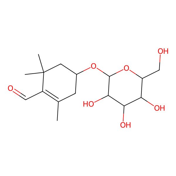 2D Structure of (4R)-2,6,6-trimethyl-4-[(2R,3R,4S,5R,6R)-3,4,5-trihydroxy-6-(hydroxymethyl)oxan-2-yl]oxycyclohexene-1-carbaldehyde