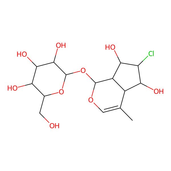 2D Structure of (2R,3S,4R,5S,6R)-2-[[(1S,4aS,5S,6R,7R,7aS)-6-chloro-5,7-dihydroxy-4-methyl-1,4a,5,6,7,7a-hexahydrocyclopenta[c]pyran-1-yl]oxy]-6-(hydroxymethyl)oxane-3,4,5-triol