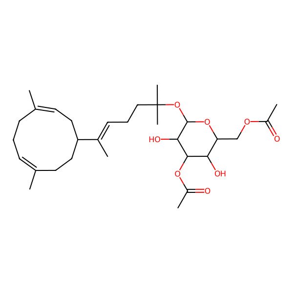 2D Structure of [(2R,3S,4S,5R,6S)-4-acetyloxy-6-[(E)-6-[(1S,3E,7E)-4,8-dimethylcyclodeca-3,7-dien-1-yl]-2-methylhept-5-en-2-yl]oxy-3,5-dihydroxyoxan-2-yl]methyl acetate