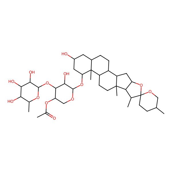 2D Structure of [(3S,4R,5R,6S)-5-hydroxy-6-[(1S,2S,4S,5'R,6R,7S,8R,9S,12S,13S,14R,16R,18S)-16-hydroxy-5',7,9,13-tetramethylspiro[5-oxapentacyclo[10.8.0.02,9.04,8.013,18]icosane-6,2'-oxane]-14-yl]oxy-4-[(2S,3R,4R,5R,6S)-3,4,5-trihydroxy-6-methyloxan-2-yl]oxyoxan-3-yl] acetate