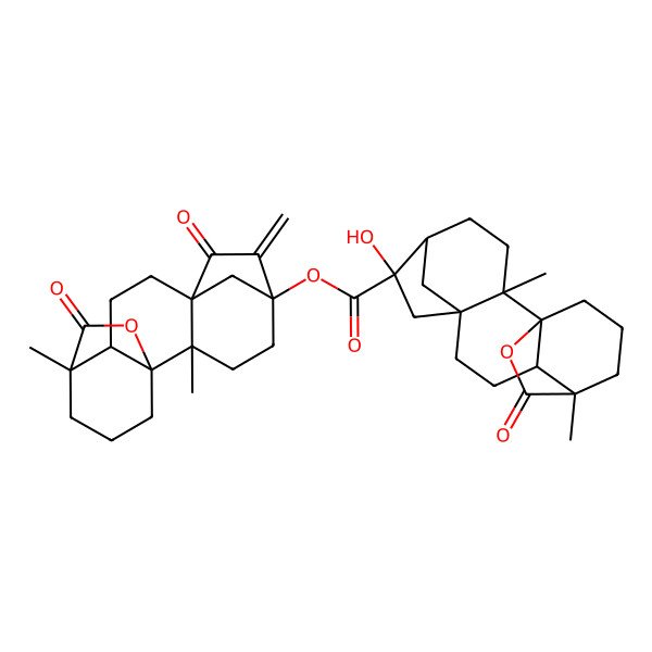 2D Structure of (2,12-Dimethyl-6-methylidene-7,17-dioxo-16-oxapentacyclo[10.3.2.15,8.01,11.02,8]octadecan-5-yl) 6-hydroxy-2,12-dimethyl-17-oxo-16-oxapentacyclo[10.3.2.15,8.01,11.02,8]octadecane-6-carboxylate