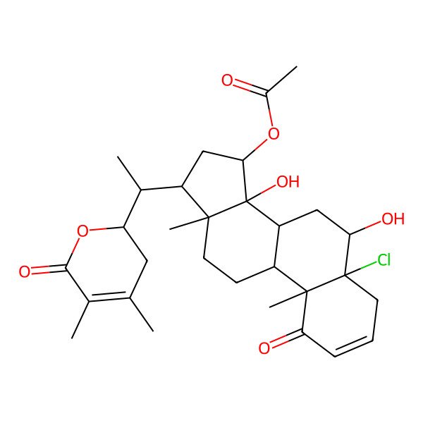 2D Structure of [5-Chloro-17-[1-(4,5-dimethyl-6-oxo-2,3-dihydropyran-2-yl)ethyl]-6,14-dihydroxy-10,13-dimethyl-1-oxo-4,6,7,8,9,11,12,15,16,17-decahydrocyclopenta[a]phenanthren-15-yl] acetate